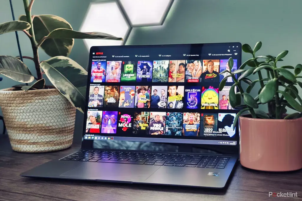Menonton film dengan nyaman di laptop Seseorang menonton film di laptop